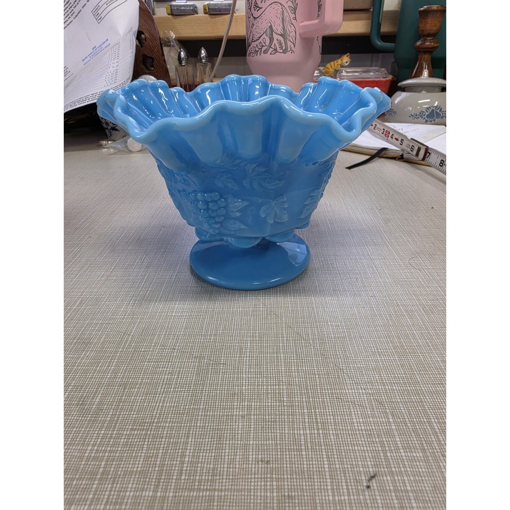 Vintage Fenton Blue Milk Glass Pedestal Compote Ruffled Candy Bowl 1960s